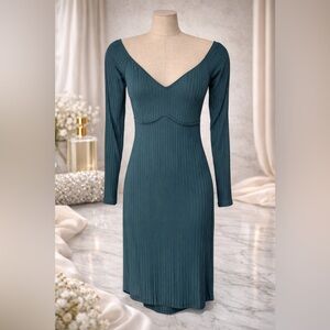 Long Sleeve Ribbed V-Neck Teal Dress